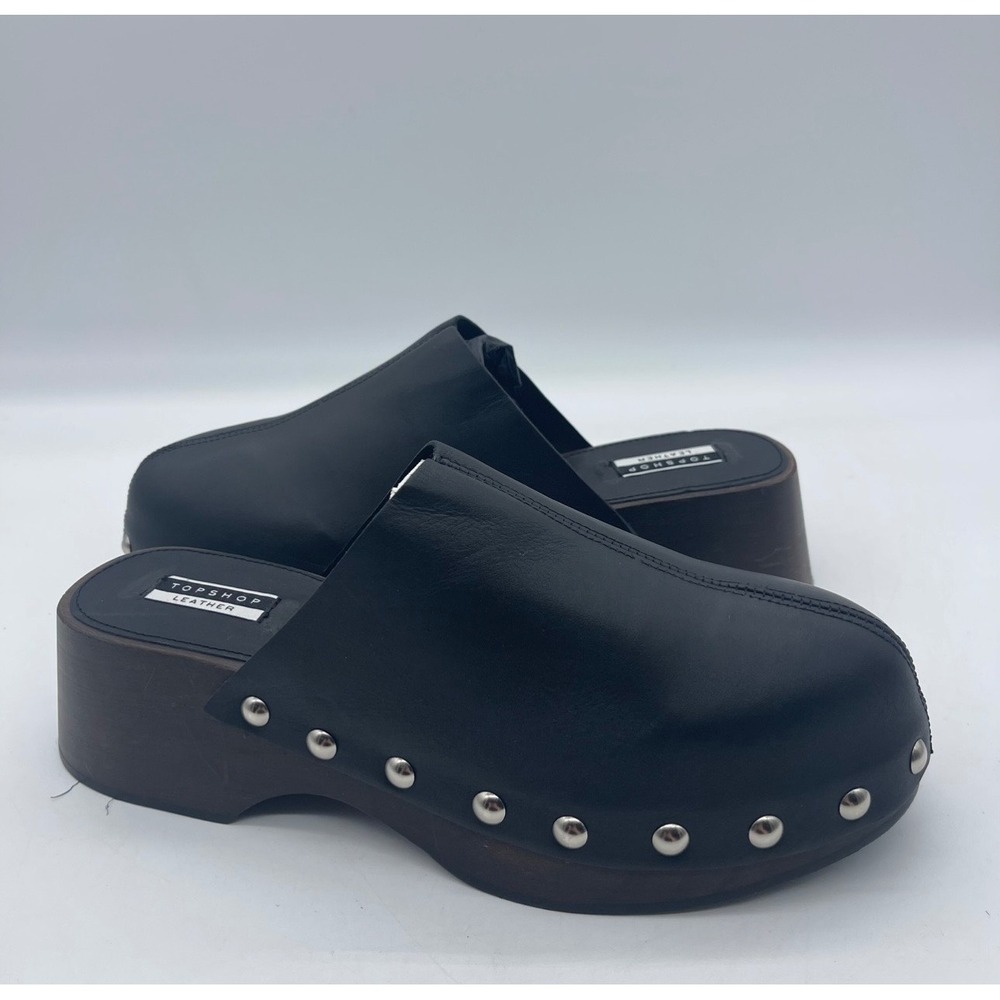 Topshop 115985704 Womens US 9.5/EU 40 Black Leather Studded Mules Platform Clogs